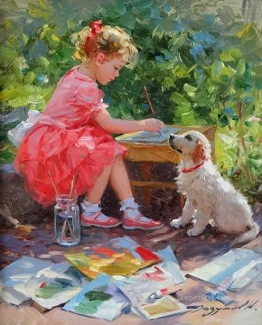 Girl and Dog KR 005 pet kids Oil Paintings